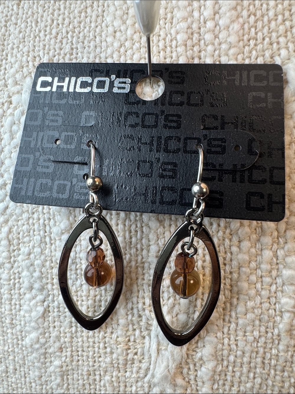0239-Chico's Silver Oval Drop Earrings with Brown Beads